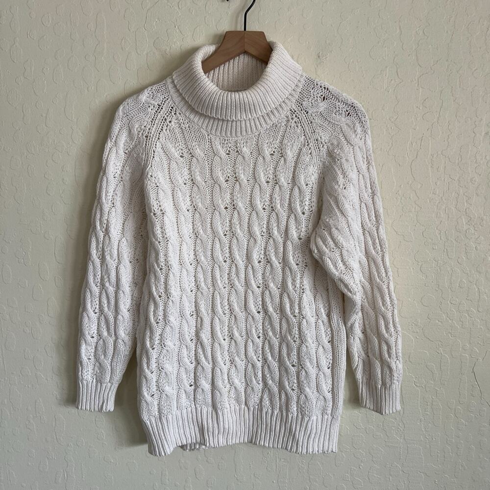 Vintage 90s Knitwear Chunky Cable Knit Turtleneck Sweater Medium White Cotton